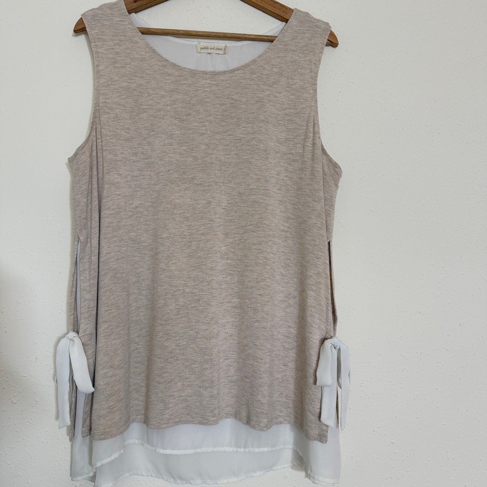 Pebble and Stone Beige Layered Bow Tie Detail Flowy‎ Tunic Tank Top Womens XL